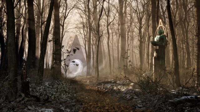 Uno scenario suggestivo di The Talos Principle 2 con una porta dorata in primo piano