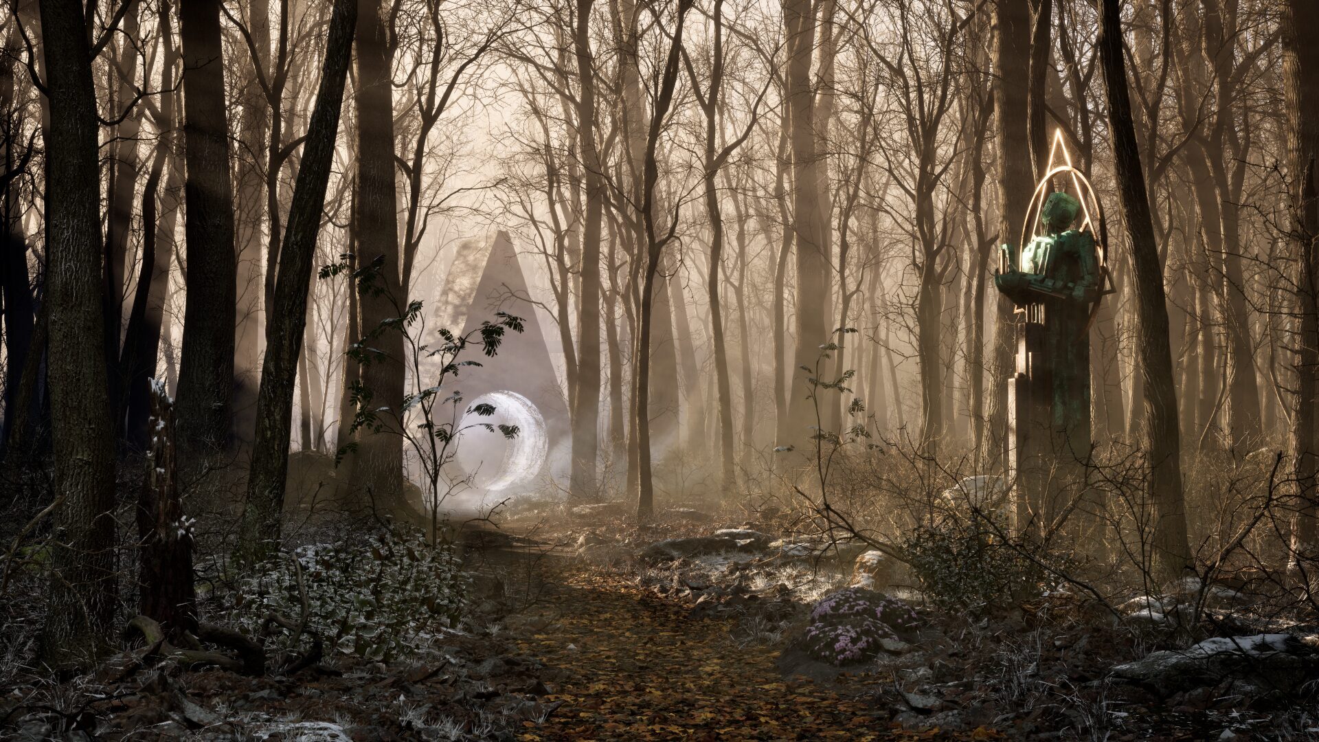 Uno scenario suggestivo di The Talos Principle 2 con una porta dorata in primo piano