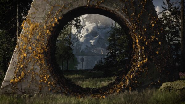 Screenshot di The Talos Principle 2 con un monumento della Sfinge in un paesaggio naturale