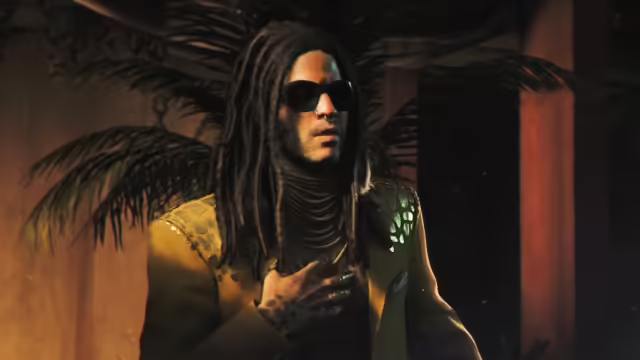 Lenny Kravitz nel ruolo del Re Pirata Bawma in 007 First Light, da un fotogramma del trailer esteso mostrato all'IGN Fan Fest.