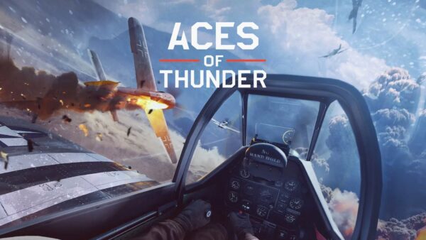 Screenshot di Aces of Thunder con un caccia Spitfire Mk Ia in volo sopra nuvole, mostrando grafica dettagliata del cockpit e l'ambiente di gioco.