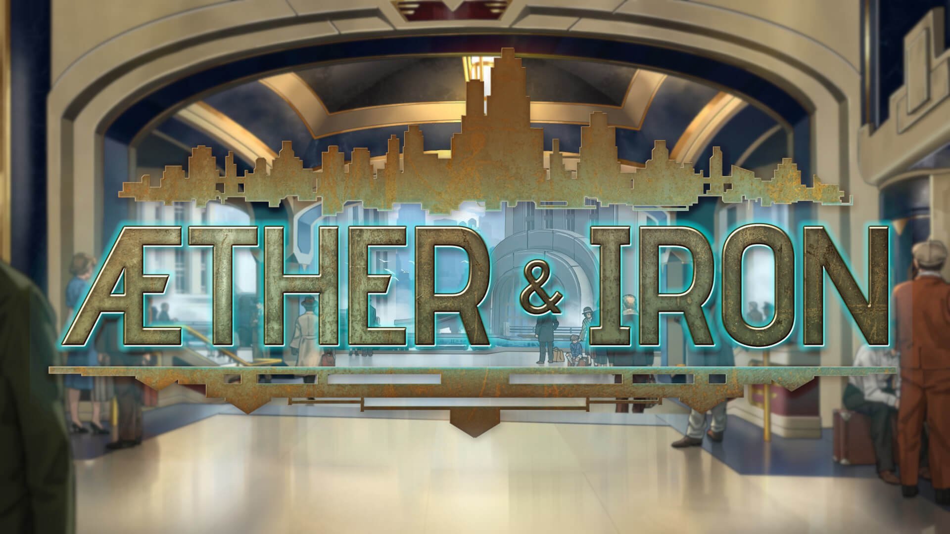 Immagine di gameplay di Aether & Iron che mostra un veicolo volante in una città verticale Art Déco.