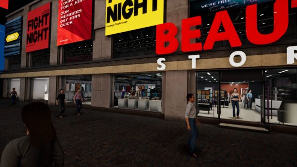Schermata di gioco di Beauty Store Simulator che mostra un negozio di cosmetici ben fornito con clienti.