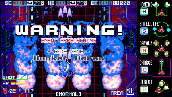 Screenshot di gioco di Blaze of Storm che mostra un'astronave in un'ambientazione cyber pixel art.