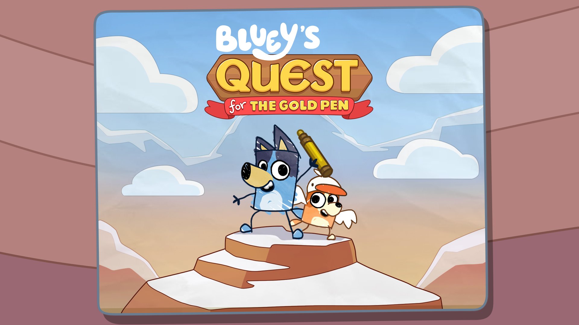 Immagine di Bluey e Bingoose nel gioco Bluey's Quest for the Gold Pen