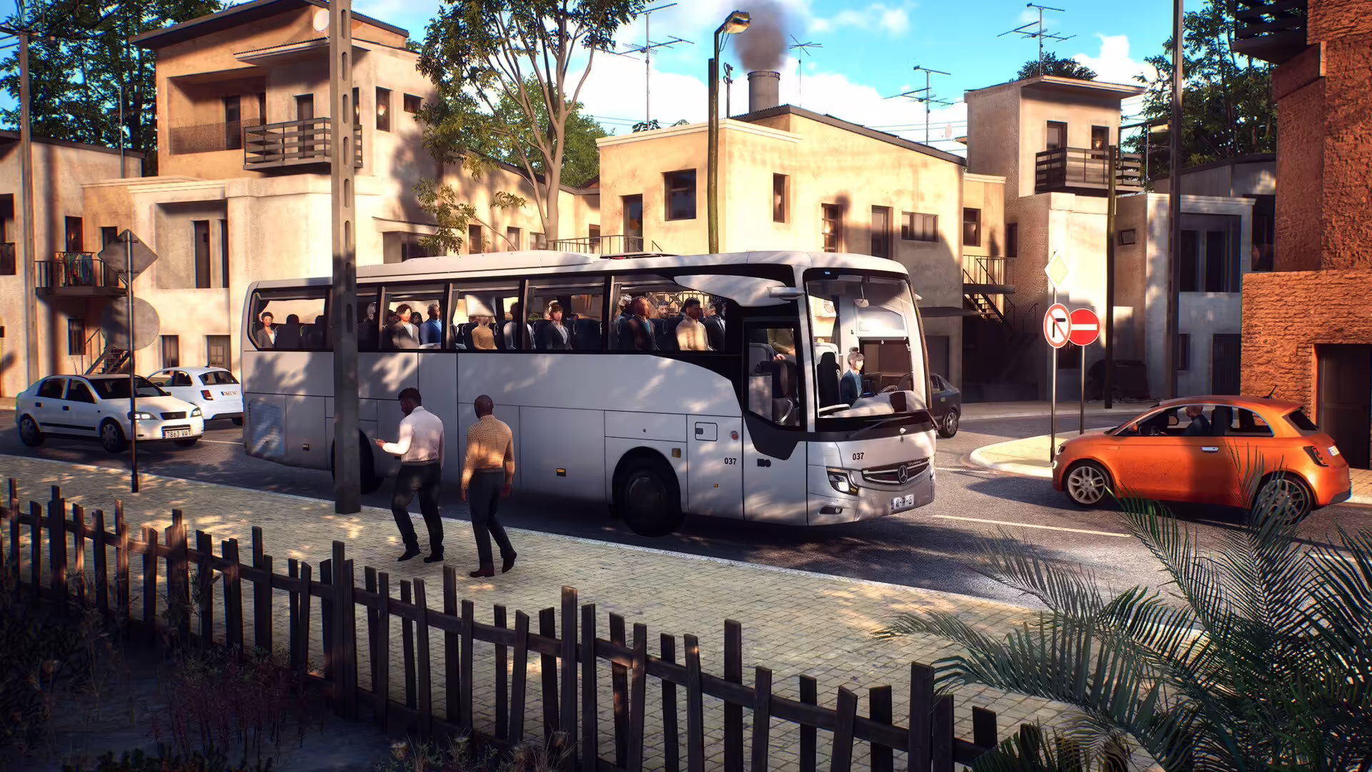 Un autobus di linea moderno percorre una strada costiera in Bus Simulator 27