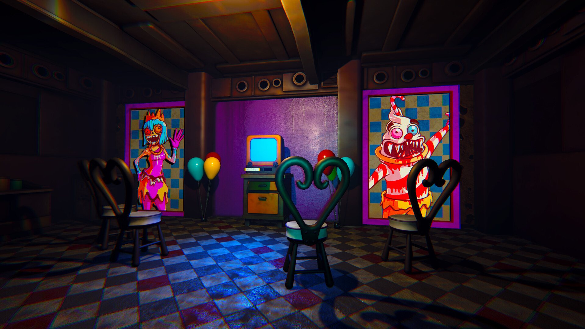 Screenshot di Cakey’s Twisted Bakery con un bambino che si nasconde da un mostro in una pasticceria oscura, data di uscita Nintendo Switch.