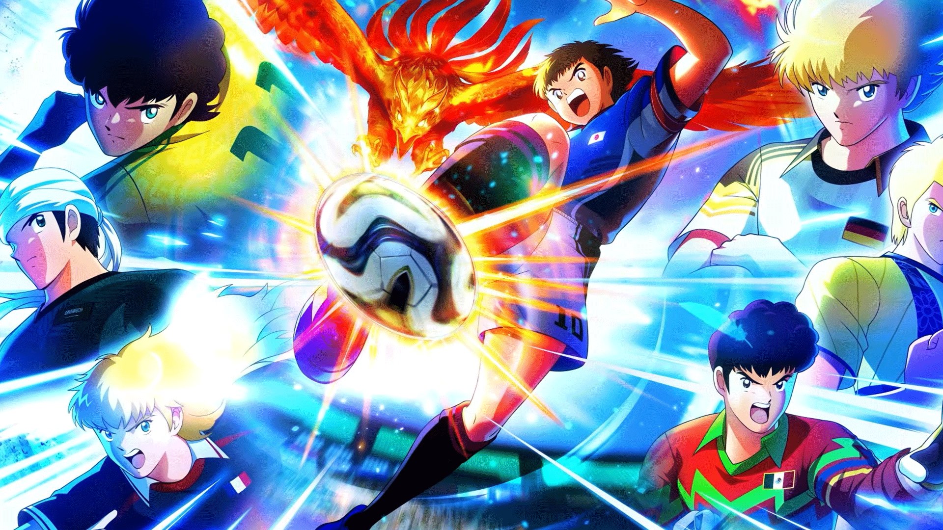 Captain Tsubasa 2 World Fighters, artwork ufficiale del gioco con Tsubasa e altri personaggi in azione su un campo da calcio.