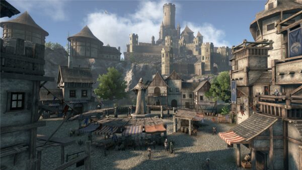 Un'immagine di gioco di City States: Medieval che mostra la gestione di una città medievale e il sistema di rotte commerciali.