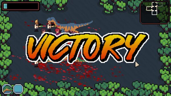 Immagine di gioco di Dino Time Raiders con dinosauri in pixel art che creano caos in un parco a tema.