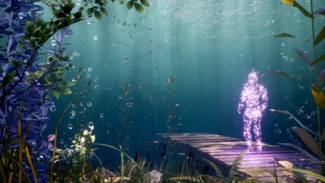 Un'immagine subacquea di Echoes of Mora con il villaggio sommerso