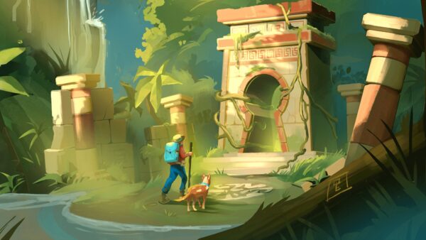Un personaggio esplora rovine antiche coperte di vegetazione, con un cane al suo fianco, in Escape the Riddlerock Ruins.