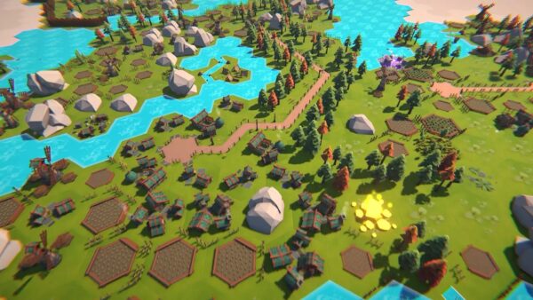 Schermata di gioco di Everdawn con tessere di foreste e fiumi