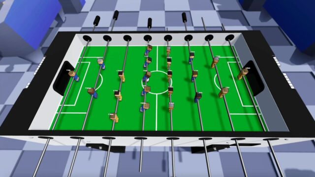 Schermata di gioco di Foosball Manager che mostra un tavolo da calcio balilla digitale