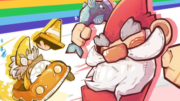 Gnomi che combattono in un'arena colorata nel videogioco Gnaughty Gnomes