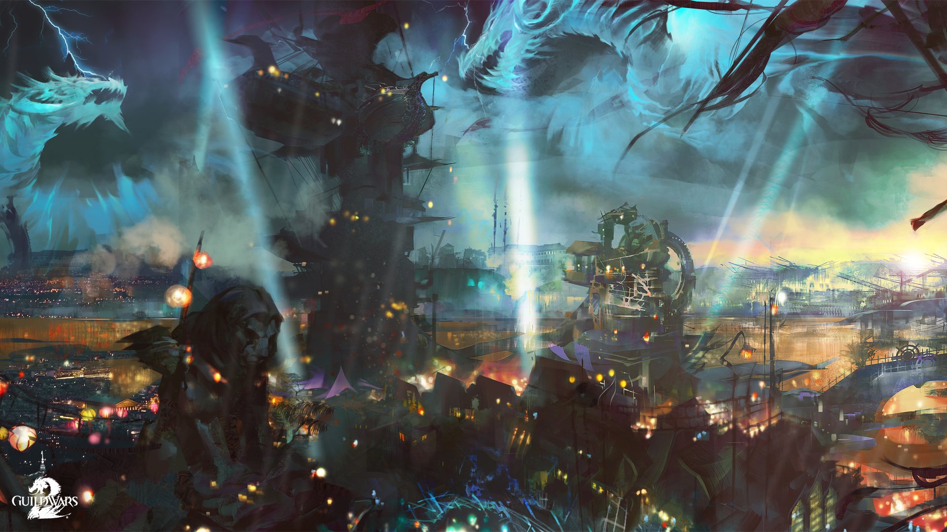 Immagine promozionale dell'aggiornamento "Raids & Wardrobe" di Guild Wars 2: Visions of Eternity, con un personaggio in armatura leggendaria e il nuovo raid Guardian's Glade.
