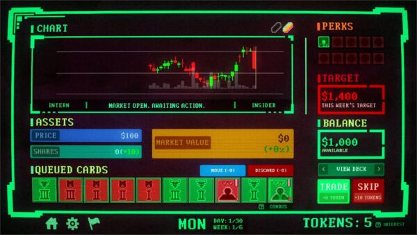 Interfaccia di gioco di Insider Trading che mostra carte strategiche e grafici azionari dinamici.