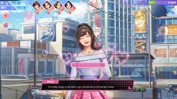 Un gruppo di idol K-pop si esibisce sul palco in una scena di gioco di K-pop Idol Stories: Road to Debut