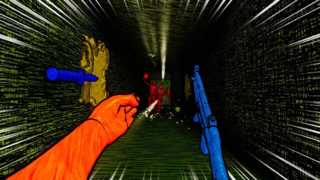 Screenshot di Killflow, retro-FPS psichedelico con nemici rossi