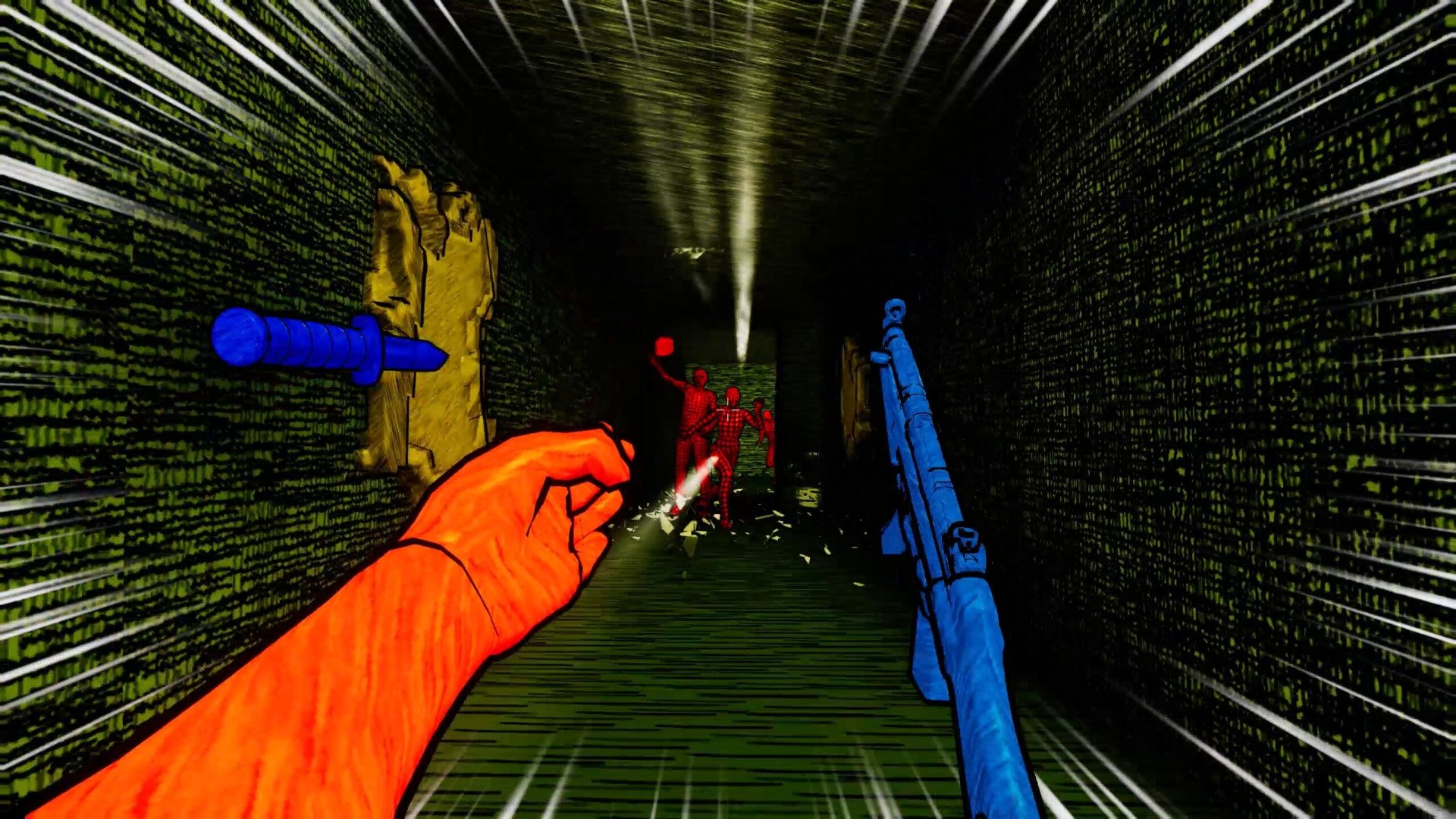 Screenshot di Killflow, retro-FPS psichedelico con nemici rossi