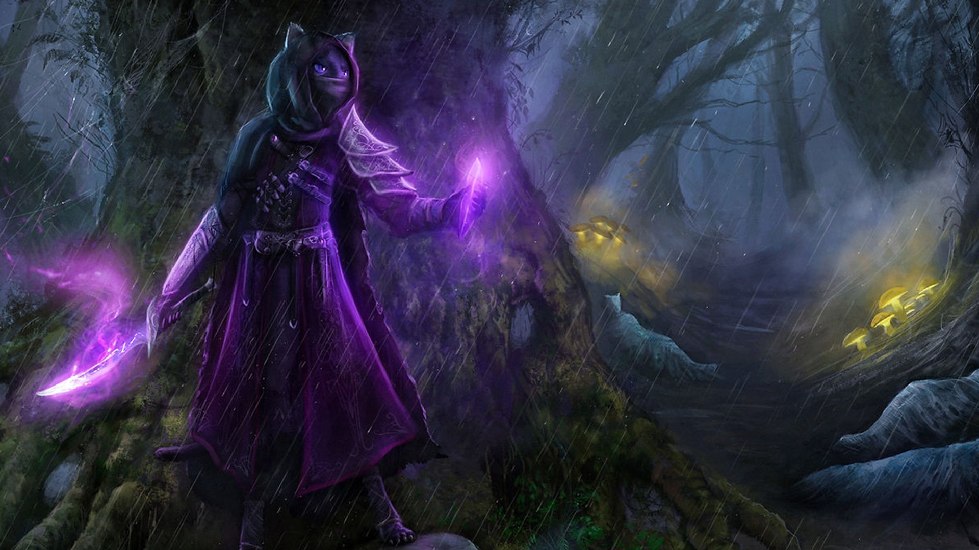 Un guerriero felino di Kristala in una posa di combattimento in un ambiente dark fantasy