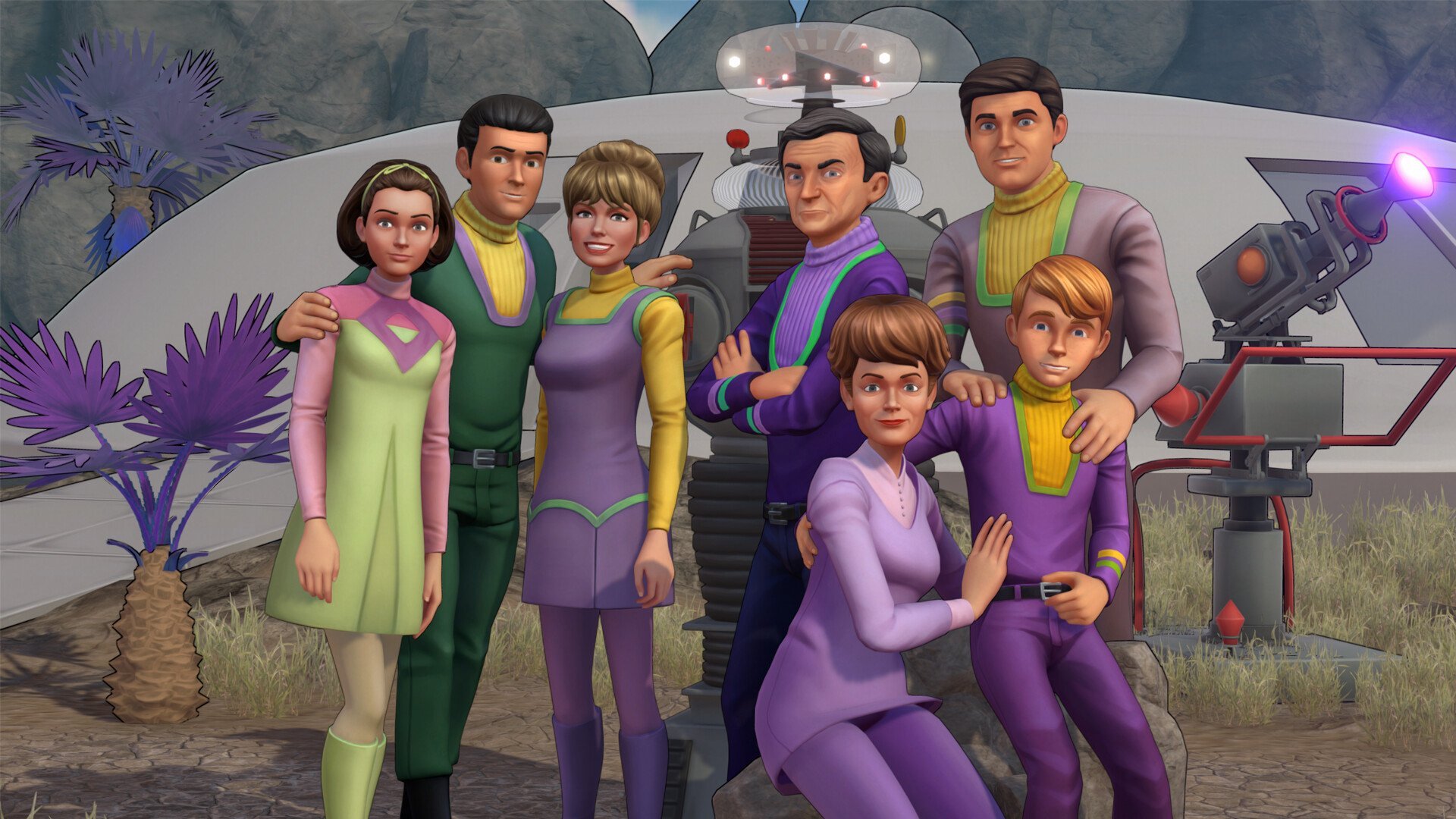 Schermata di gioco di Lost in Space: The First Adventure su Nintendo Switch con Will Robinson, Dr. Smith e Robot