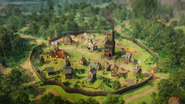 Un villaggio in Masters of Albion durante una fase di costruzione