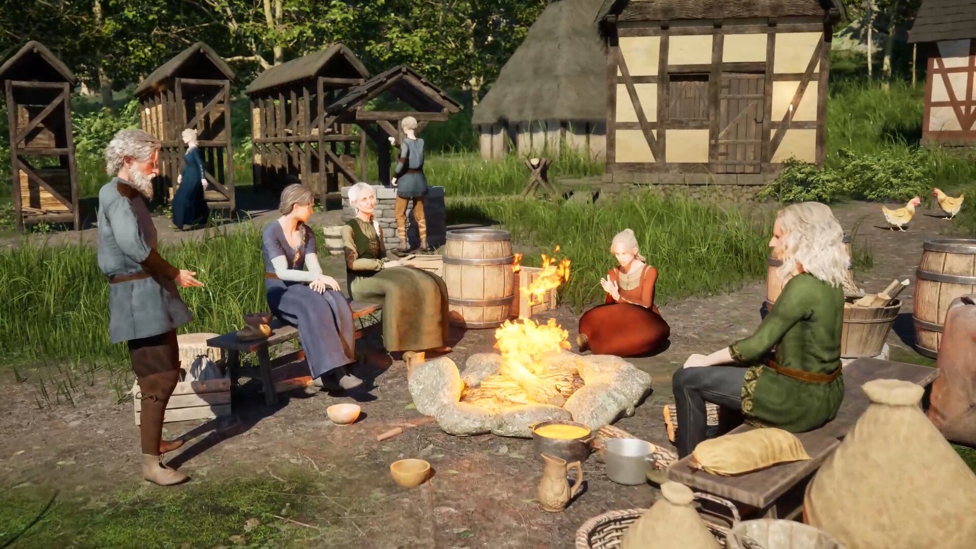Screenshot di Medieval Frontiers che mostra la costruzione di un villaggio medievale in prima persona