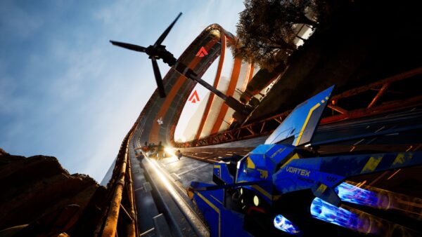 Un bolide anti-gravità sfreccia su una pista sci-fi nel gioco Millennium Runners