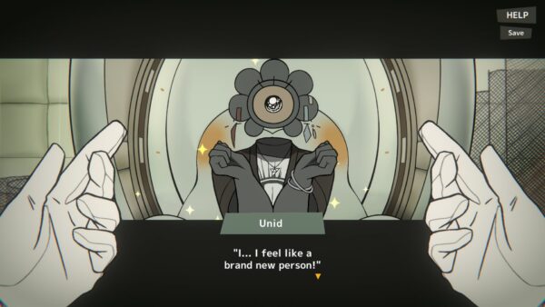 Uno screenshot del gioco Mindhack che mostra l'interfaccia di hacking e le mani del protagonista.