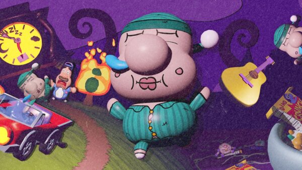 Immagine promozionale di Mr. Sleepy Man, il protagonista del platform 3D, con personaggi bizzarri sullo sfondo.