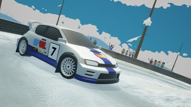 Una vettura da rally sfreccia sul tracciato ghiacciato Winter Cliff nel videogioco N3Rally