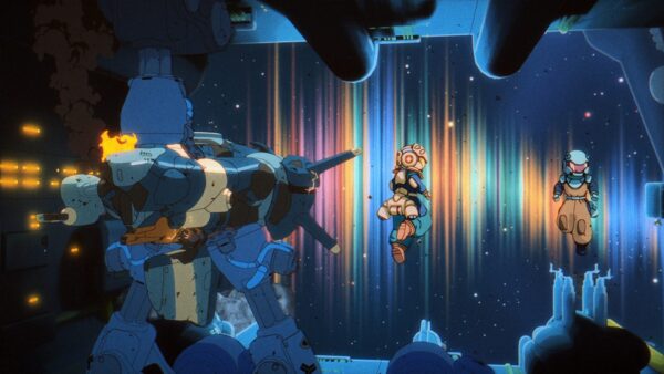 Gameplay di Orbitals su Nintendo Switch 2, con i due personaggi Maki e Omura che collaborano in un ambiente spaziale retro anime.