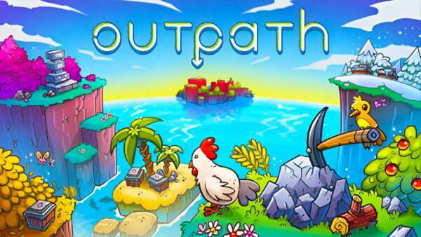 Immagine promozionale di Outpath che mostra isole pixel art e elementi di costruzione.