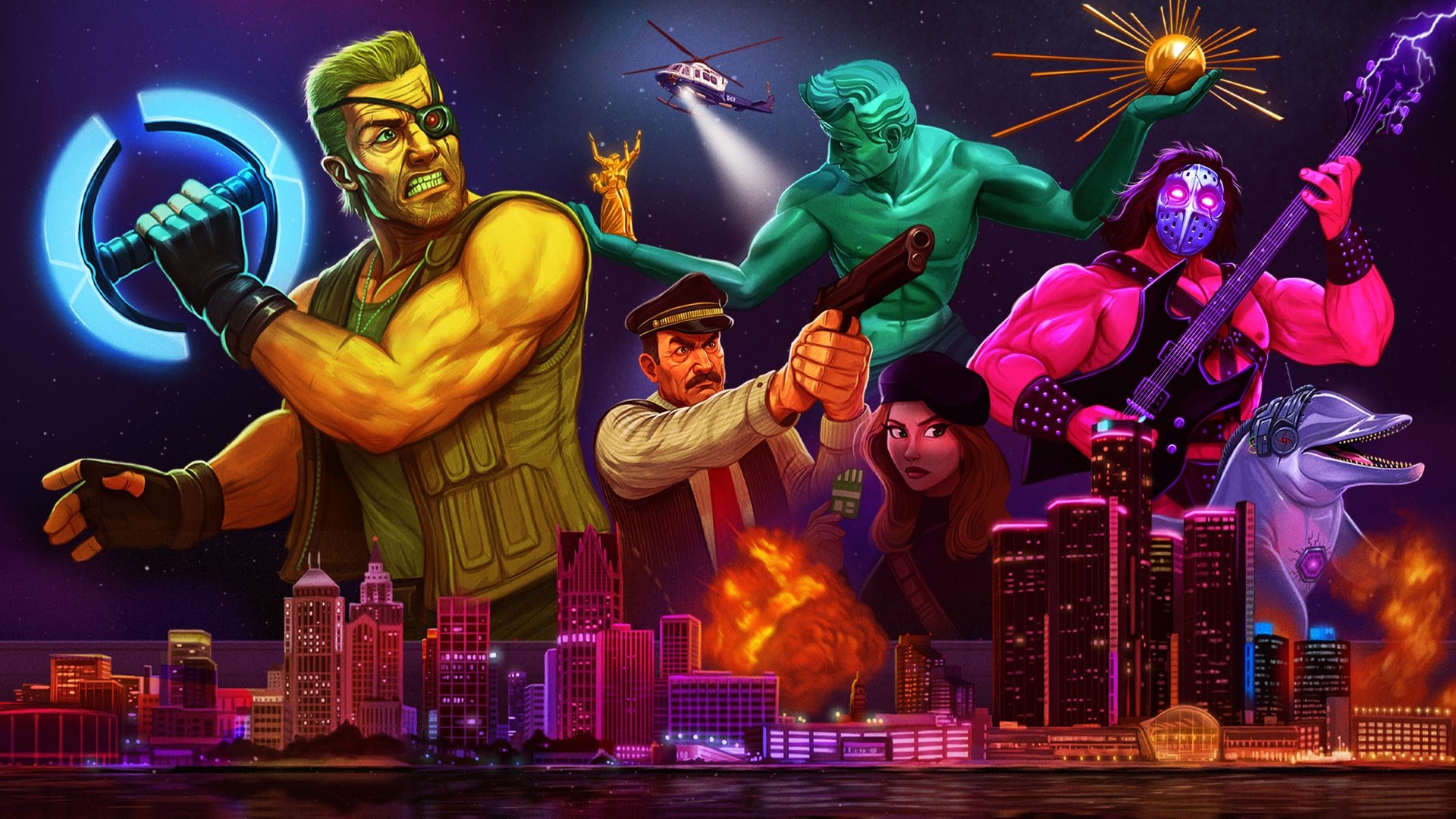 Immagine di gameplay di Prison City che mostra il protagonista Hal Bruzer in azione, con elementi che richiamano lo stile 8-bit, in una città futuristica e distopica.