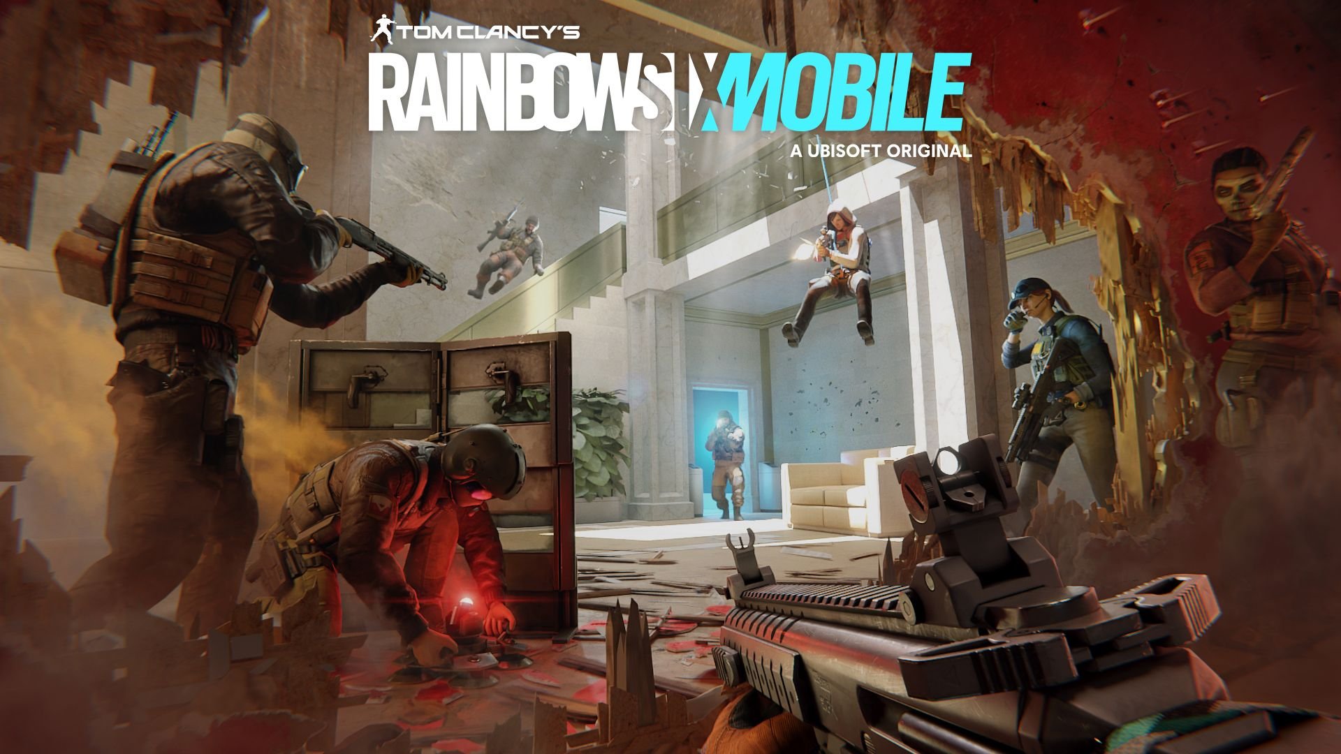 Immagine di gameplay di Tom Clancy’s Rainbow Six Mobile che mostra operatori in azione su una mappa iconica.