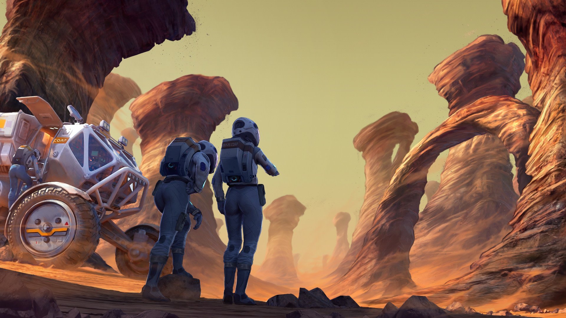 Un momento iconico del gameplay di Terraformers, mostrando una colonia su Marte con elementi di terraformazione