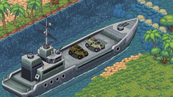 Un'immagine di gameplay di Blazing Trail che mostra il veicolo del giocatore in azione in un ambiente pixel art