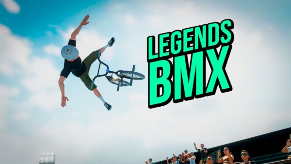 Un rider esegue un backflip in un parco urbano illuminato al neon in Legends BMX