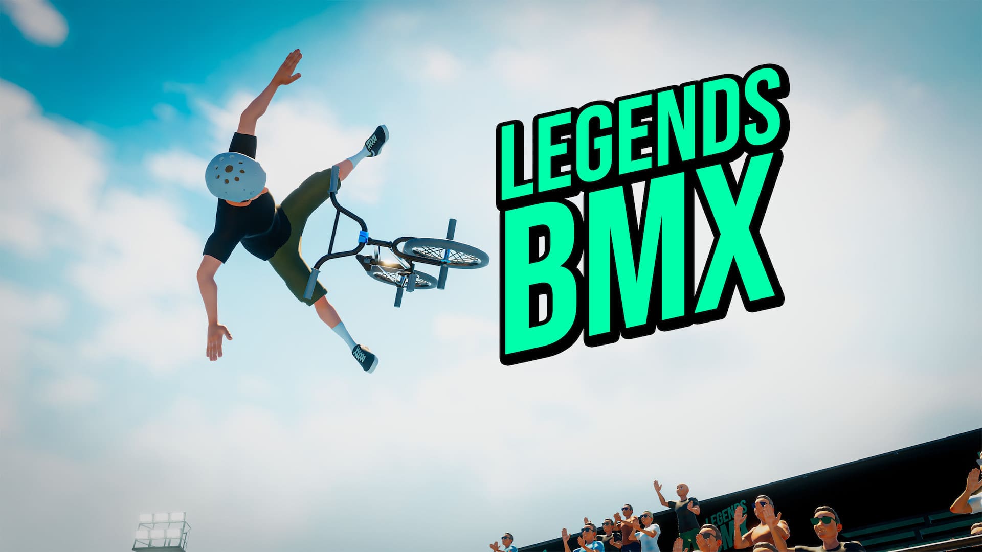 Un rider esegue un backflip in un parco urbano illuminato al neon in Legends BMX