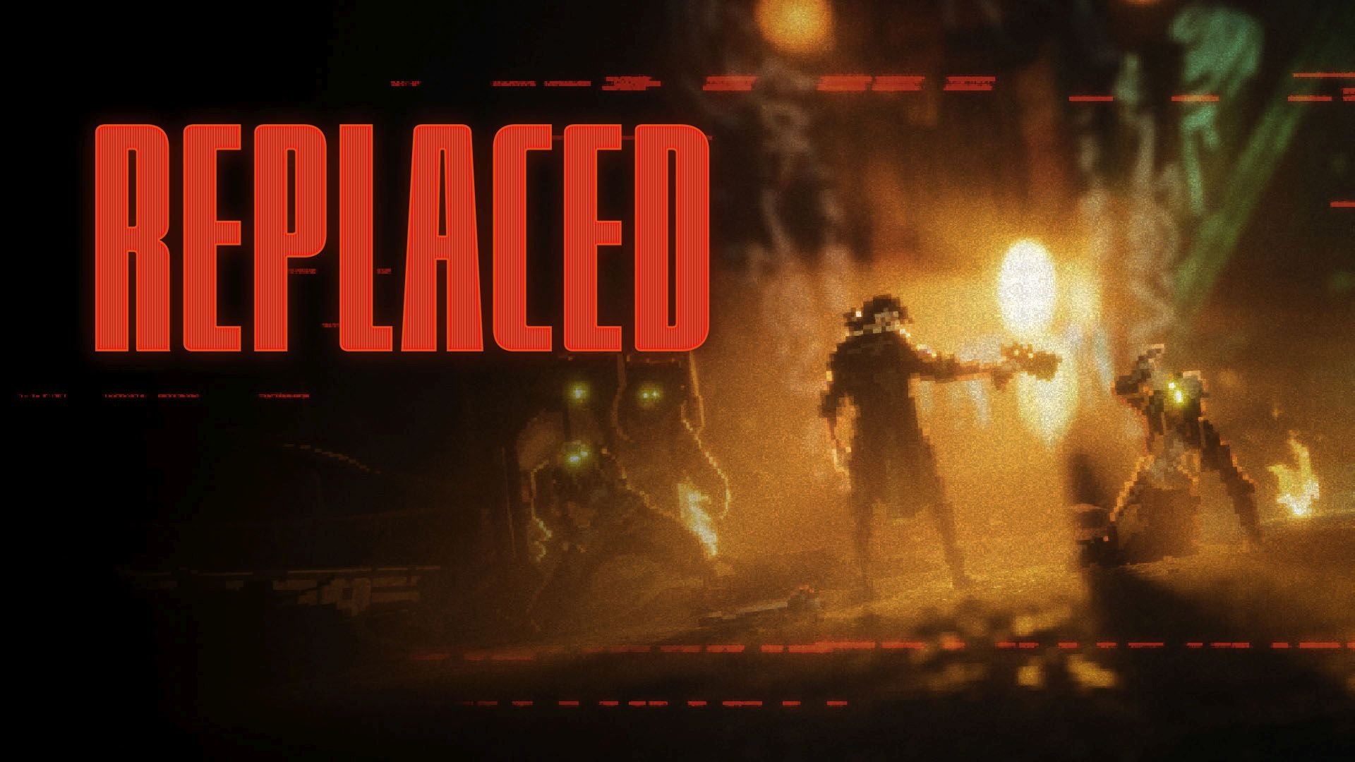 Un frame di REPLACED che mostra lo stile pixel art cyberpunk del gioco
