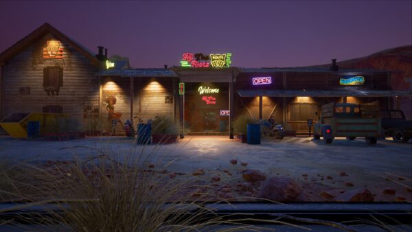 Un'insegna al neon di un locale sulla Route 66 per l'annuncio di Roadhouse Simulator