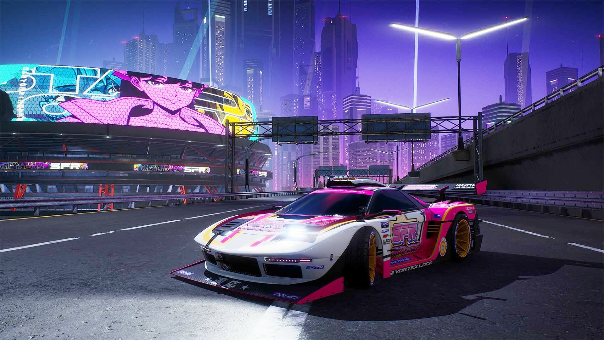 Un'auto da corsa futuristica sfreccia tra le strade al neon di Neo Rey in Screamer