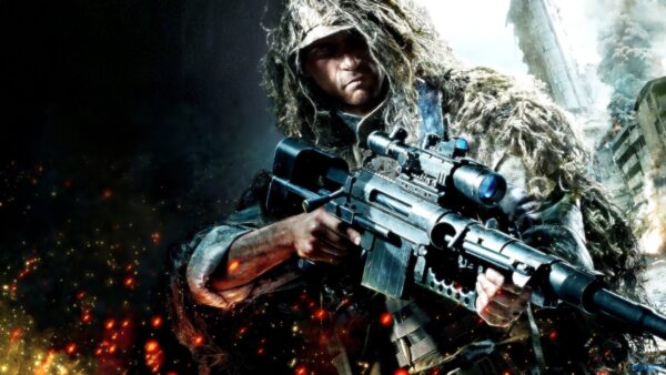 Screenshot di Sniper Dan che mostra un mirino puntato su un oggetto da riparare in un mondo colorato