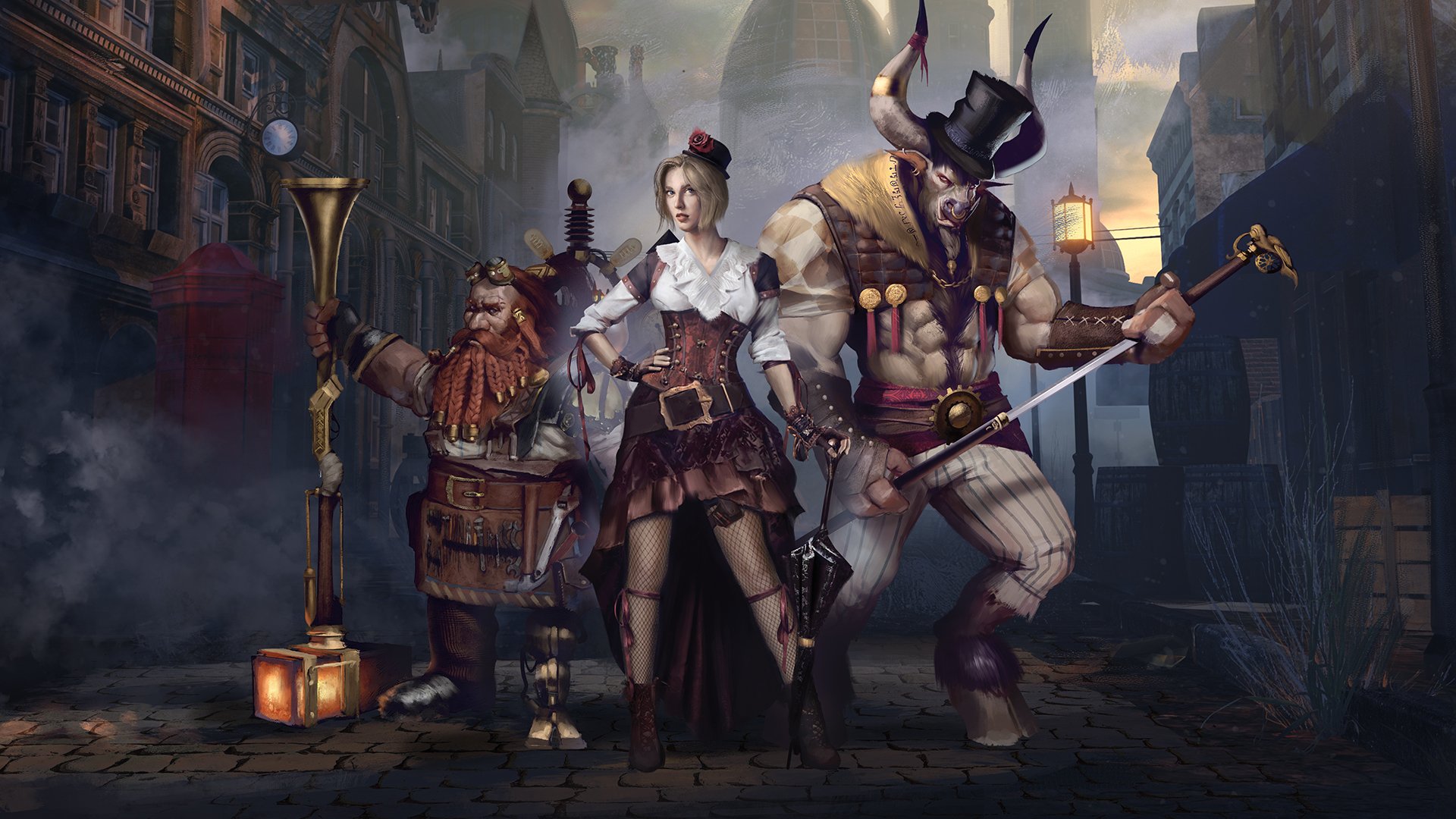 Screenshot di Sovereign Syndicate ambientato in una Londra steampunk