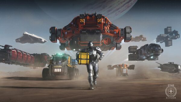 Un gruppo di navi spaziali di Star Citizen in volo durante l'evento Coramor
