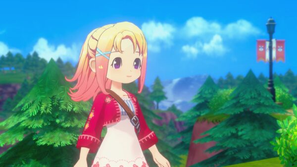 Personaggio di Story of Seasons Grand Bazaar vicino a un mulino a vento durante la fioritura dei ciliegi