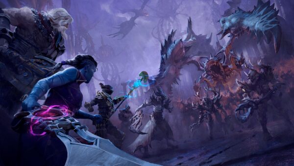Screenshot di gameplay di Survivors Guild, con quattro personaggi che combattono orde di mostri in modalità co-op online.