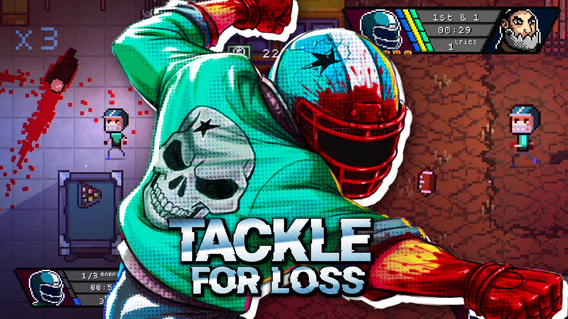 Copertina del gioco Tackle for Loss, mostra un personaggio stilizzato in azione con elementi di football americano.
