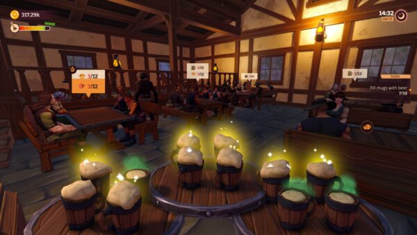 Un oste serve birra in una taverna medievale nel gioco Tavern Manager Simulator